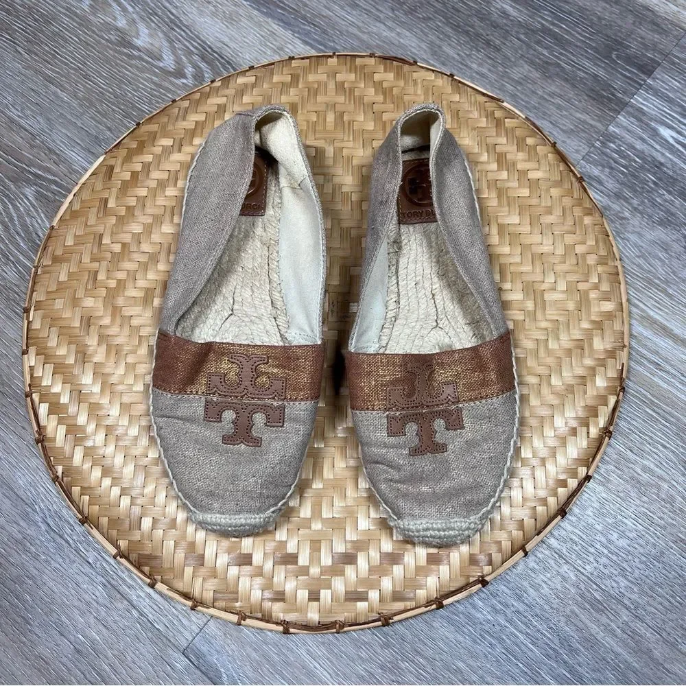 Tory burch beige/brown canvas espadrille flats women’s size 8‎